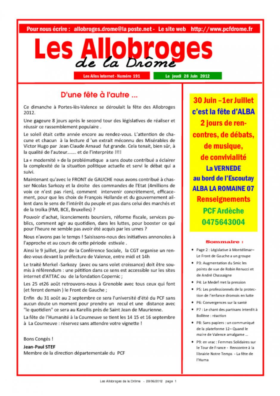 Les Allobroges de la Drôme N° 191 -28 juin 2012