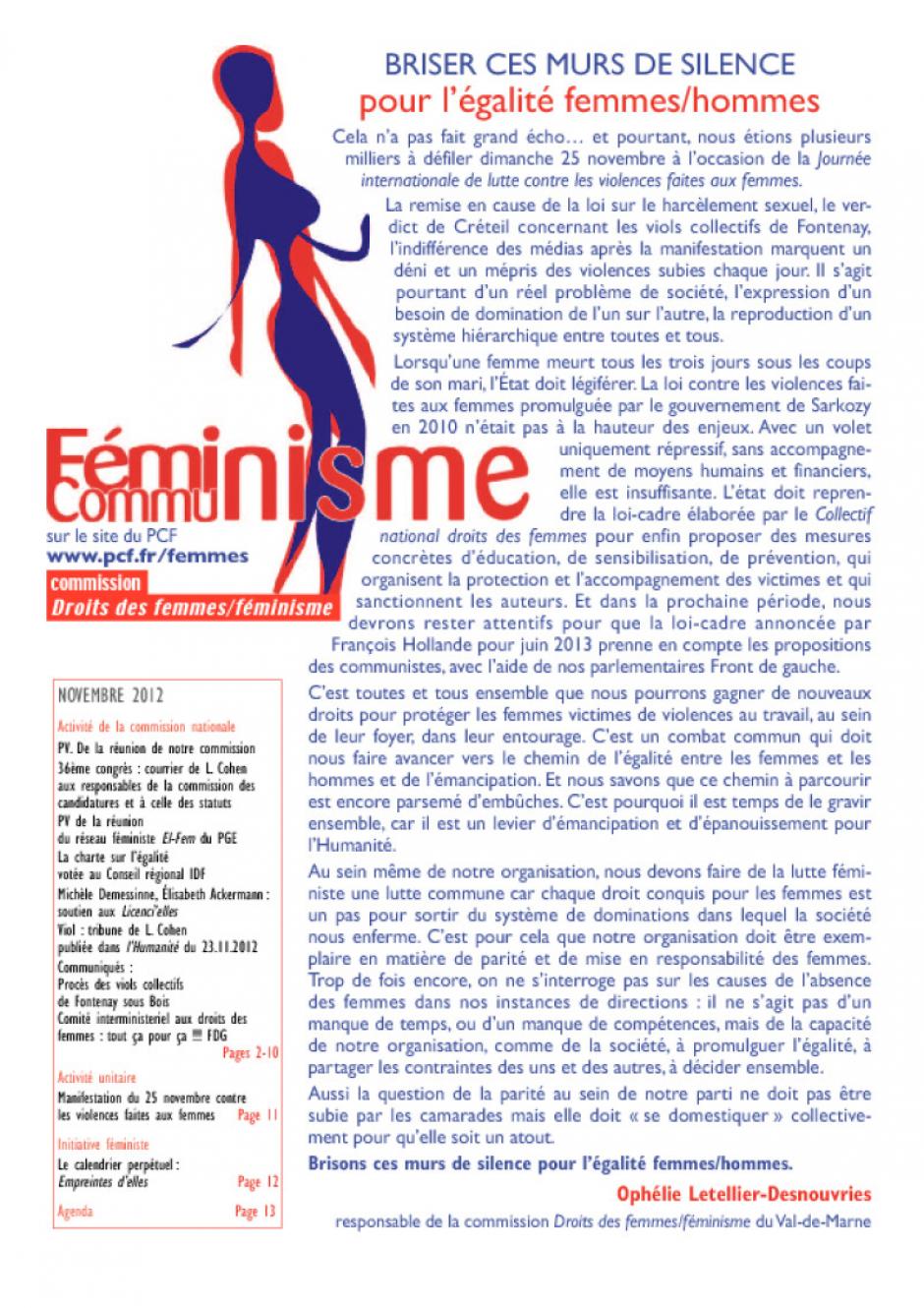 COMMUNISTES FEMINISTES - BULLETIN NOVEMBRE 2012